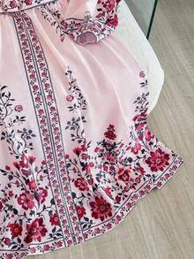 SHEIN CURVE+ Curve 尺码 US22 音乐节、海滨度假、波西米亚风女士花卉印花灯笼袖纽扣设计优雅连衣裙 - 粉色 - 查看 4