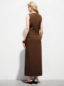 Aveloria Modichic 焦糖棕色极简都市风束腰裹身无袖背心+直筒长裙套装，不对称翻领简约休闲通勤百搭背心套装 - 咖啡棕 - 查看 2