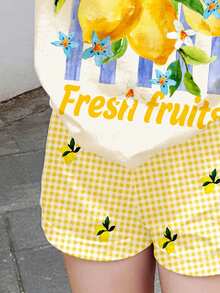少女休闲柠檬树格子印花短袖T恤短裤两件套，甜美复古奶油色，适合夏季穿着 - 彩色 - 查看 4