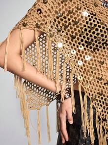 ROMWE Avant Vacation Style Brown Sequin Fringe Crochet Shawl Top - Brown - View 3
