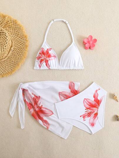 SHEIN Genç Kızlar İçin 3 Parçalı Bikini Takımı, Siyah Çiçek Desenli Askılı Üçgen Üst, Üçgen Alt ve Pareo, Yüzme, Tatil ve Yaz İçin Uygun Şık Günlük Mayo