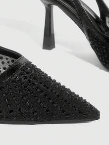 CUCCOO SZL Tacones altos de punta fina para mujer, con malla negra, adornados con rhinestones, de estilo glamoroso y sexy para fiestas y ocasiones especiales, con correa para el tobillo - Negro 1 - Ver 4