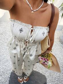 Sunnyshic Nuevo diseño de conjunto de top tubo holgado y pantalones casuales de pierna ancha, primavera/verano - Albaricoque - Ver 6