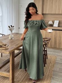 SHEIN LUNE Vestido elegante de fiesta con hombros descubiertos, volantes y decoración floral para mujer de talla grande - Verde militar - Ver 4