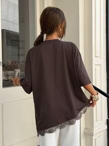 Muchica Women's Spring/Summer New Lace Trim T-Shirt - Brown - View 2