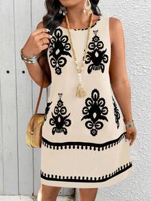 SHEIN Clasi Plus Size Women Casual Slimming Print Sleeveless Dress - Apricot - View 3