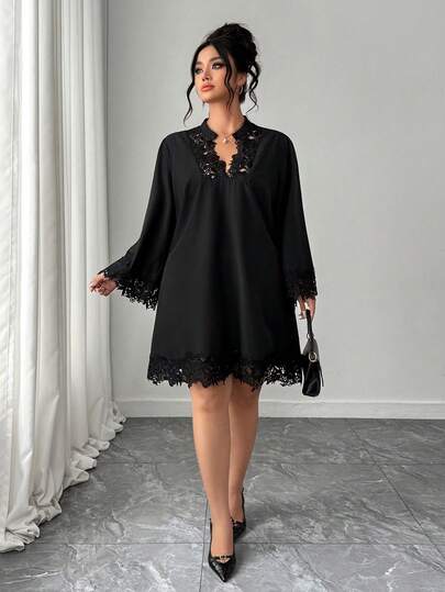 Elenzga 宽松大码女式连衣裙，蕾丝拼接立领直筒廓形，系带设计，时尚简约浪漫法式休闲风，适合春夏秋季穿着。