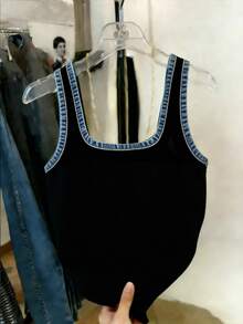 Resyla Áo tank top nữ ôm dáng với viền màu tương phản - màu đen - Xem 2