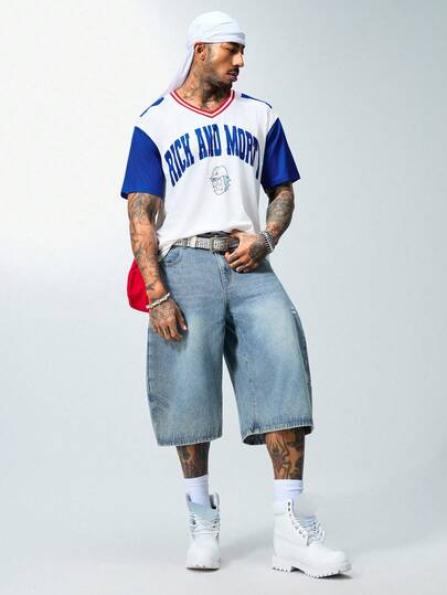 Rick and Morty X SHEIN Men's Casual Colorblock Letter Print Short Sleeve T-Shirt, Summer