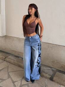 StreetHx Women's Casual Versatile Flame Pattern Pocket Button Flare Leg Jeans For Daily Wear - Light Wash - View 5