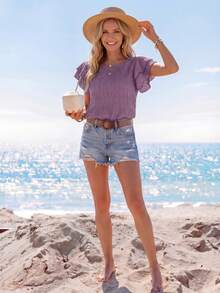 Sylviya Women's Round Neck Solid Color Casual Short Sleeve Shirt With Ruffled Hem For Summer - Dusty Purple - View 6