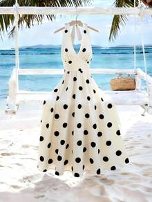 GlowEve 女士复古优雅波点印花露背系带连衣裙，适合海滩和度假穿着 - 白色 - 查看 3