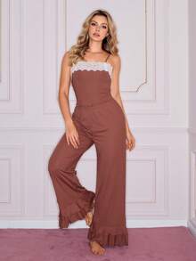 Sweet Girl Lace Pajama Set, Ruffled Trim Sleepwear, Red Casual Loose Camisole And Wide Leg Pants Pajama Set, Young Lady Soft Pink Elegant Sleepwear - Dusty Pink - View 3