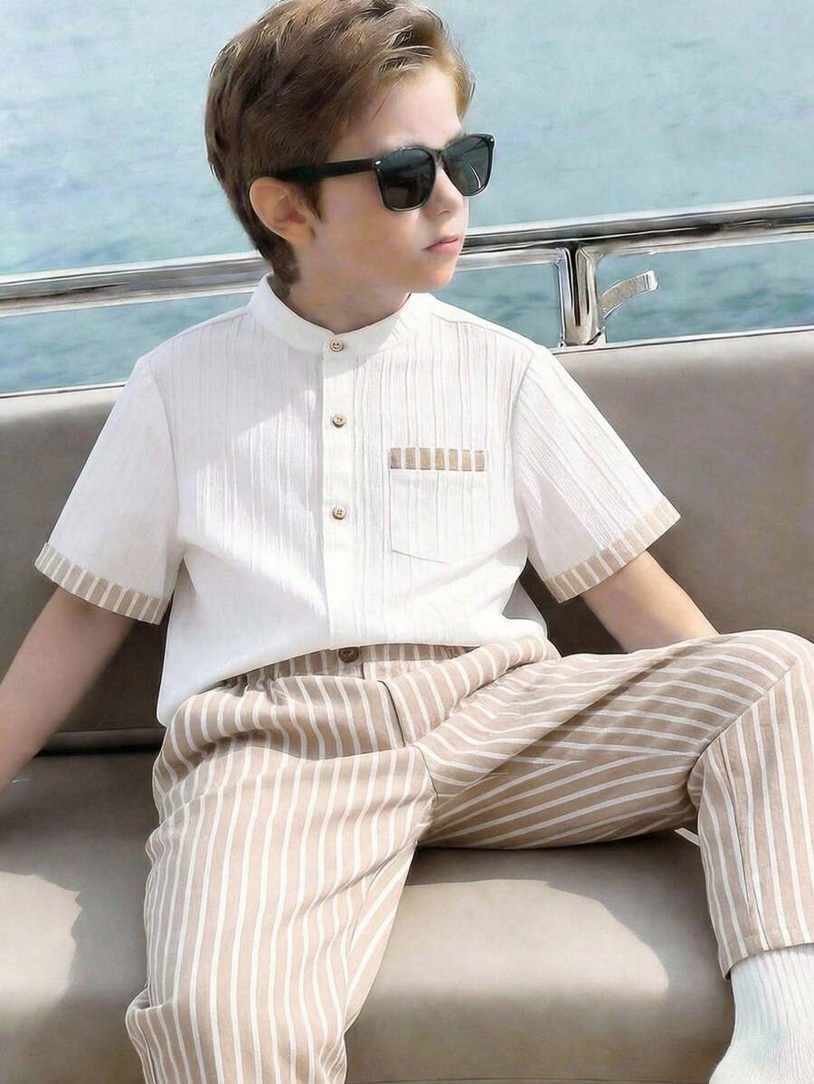 SHEIN 两件套儿童/青少年男童梭织纯色休闲衬衫和条纹裤套装,适合户外玩耍、度假、街头摄影、聚会、城市漫步 - 白色 - 查看 1