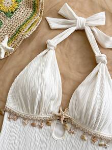 Soleia Nouveau body sexy à encolure en V avec décoration d'étoile de mer en métal, bretelles à lacets. Accessoires en métal, décoration de coquillage. Parfait pour les vacances à la plage, style bohème, boho, vacances, vintage, plage, croisière - Blanc - Voir 5