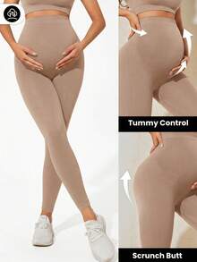 SHEIN Quần legging bầu cạp cao, màu trơn, dáng ôm. - Màu be - Xem 6