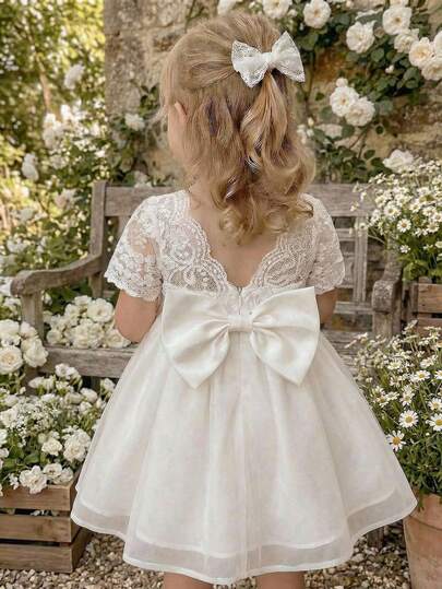 SHEIN Babygirl Cute & Elegant White Mesh Floral Embroidery Bow Short Sleeve Dress