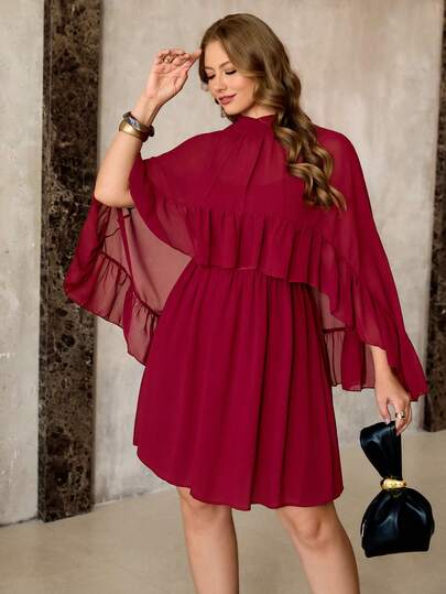 Roveilla Vestido de mujer talla grande de unicolor de gasa transparente con cuello alto y lazo en la espalda con volantes en el bajo, vestido de línea A. Conjunto de mini vestido de 2 piezas falsas con tirantes ajustables y mangas 7/8. Elegante estilo vintage francés para oficina, casual, vacaciones, té de la tarde, calle, minimalista todo a juego. Nuevas llegadas de primavera/verano