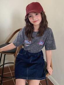 DAZY Chân váy denim dáng chữ A cho bé gái tuổi teen với túi lớn - Rửa tối - Xem 5