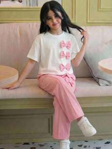 SHEIN 少女休闲修身宽松蝴蝶结装饰T恤和褶皱裤两件套针织套装，粉色 - 粉色 - 查看 2