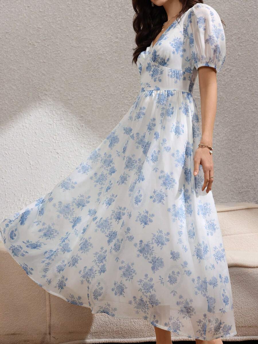 Rafferiza 女士夏季法式休闲优雅蓝色雪纺印花V领泡泡袖收腰显瘦长款休闲度假连衣裙 - 淺藍色 - 查看 1