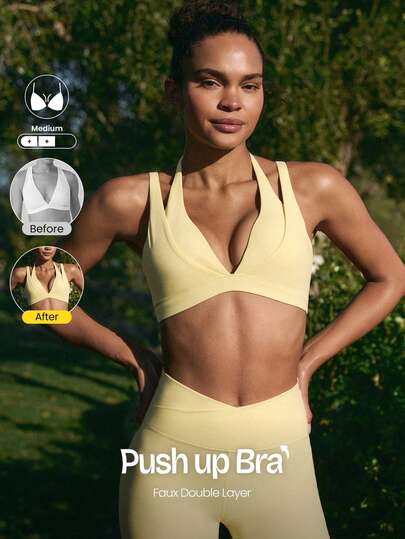 GLOWMODE FeatherFit™-Sculpt Double Glow Buttery-Soft Stretchy Compressive Removable Cups Push-Up Adjustable Halterneck 2 In 1 Style Sports Bra Medium Impact Training Running Workout Gym Wear