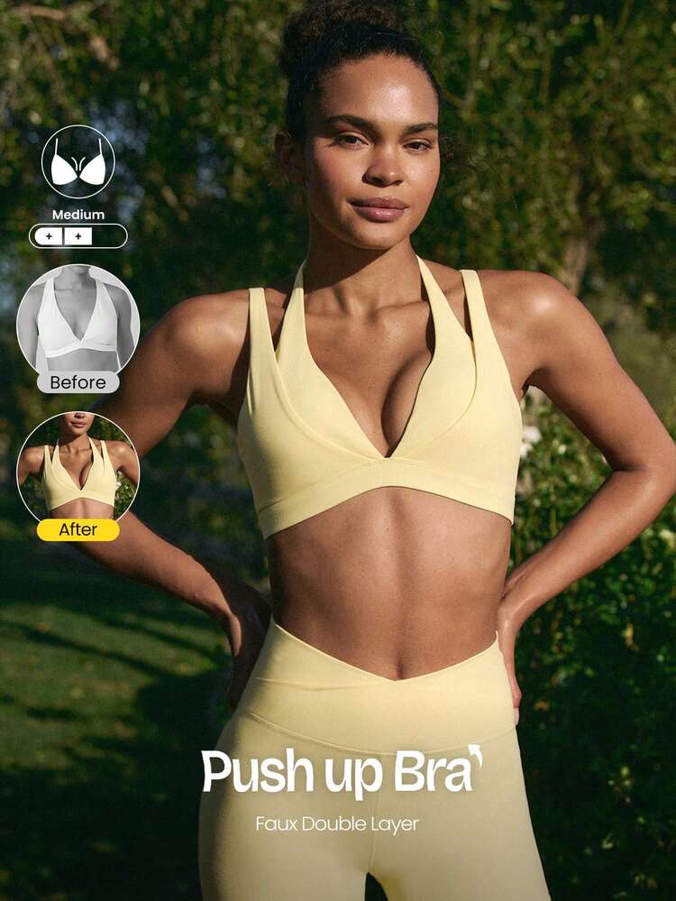 FeatherFit™-Sculpt Double Glow Buttery-Soft Stretchy Compressive Removable Cups Push-Up Adjustable Halterneck 2 In 1 Style Sports Bra Medium Impact Training Running Workout Gym Wear
