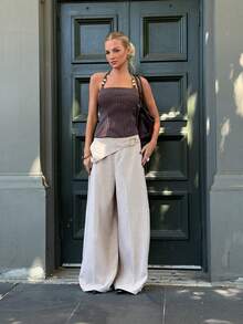 Siren Gaze Quần ống rộng cạp cao màu trơn dành cho nữ, thiết kế khóa kim loại, kiểu dáng thanh lịch, thường ngày, phong cách retro, quần ống rộng chất liệu vải lanh, quần ống rộng cho nữ. - Màu be - Xem 3