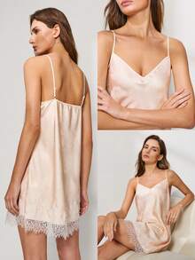 LUVLETTE 新娘浪漫礼物香槟色缎面睡袍 - 优雅吊带睡裙，白色蕾丝边饰，完美婚礼礼物内衣睡衣 - 杏色 - 查看 3