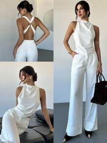 Women's Casual Elegant White Backless Tie-Front Two Pieces Set / White Wide-Leg Pants Set / Summer Outfit For Women / Beach Outfit For Women / Casual Sets For Women - White - View 2