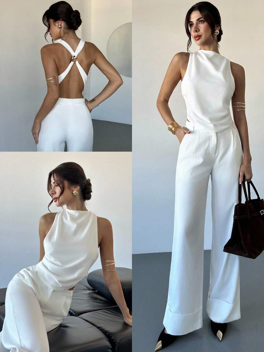 Women's Casual Elegant White Backless Tie-Front Two Pieces Set / White Wide-Leg Pants Set / Summer Outfit For Women / Beach Outfit For Women / Casual Sets For Women