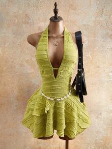 Mistrie Sexy V-Neck Spaghetti Strap Tie Design Hollow Out Backless Spaghetti Strap Textured Fabric Multi-Layer Ruffle Asymmetric Hem Mini Dress, Sexy Chic Vacation/Party/Afternoon Tea Boho Style For Women - Green - View 1