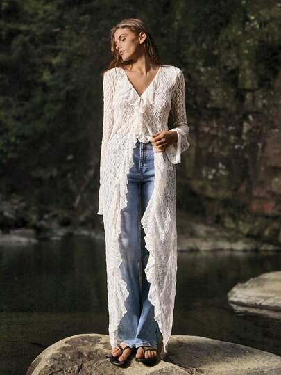 Medorelle Printed Long Lace Ruffle Trim Cardigan For Women  HIKE Women's Romantic White V Neck Lace Cardigan With Ruffled Trim Long Sleeve Flowy Top  Women Apparel-Women Clothing-Women Beachwear-Women Cover Ups