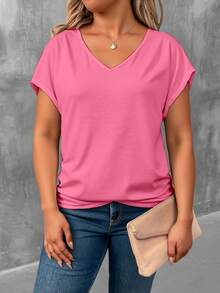 EMERY ROSE Plus Size Women's Summer Solid V-Neck Short Sleeve Casual T-Shirt Basic Top Pink Tops Pink Top Women V Neck Tops V Neck Tshirts Women - Multicolor - View 1
