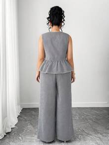 Elenzga 大码女式3D立体花卉装饰条纹圆领无袖上衣搭配阔腿裤休闲通勤套装 - 黑與白 - 查看 2