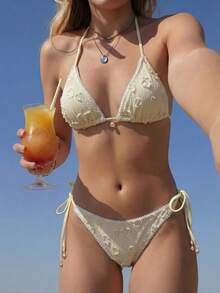 Swim Mod 2022 Spring/Summer Vacation Beach Textured Fabric Triangle Cup Floral Trim Cute Sweet Bikini 2 Pieces Set 2026 New Women's Swimwear ArrivalFor School,Suitable For Holiday, Date, Afternoon Tea, Western, Cruise, Beach, Island, Road Trip, All Seasons, Music Festival, Boho Vacation,Bohemian Vacation, Chill Autumn ,Western Boho ,Elegant Tops For Women - Yellow - View 3