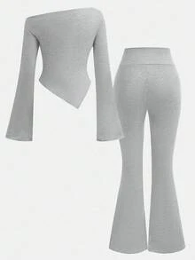 SHEIN Girlism Conjunto informal de 2 piezas para niña preadolescente: Camiseta ajustada de manga larga acampanada con pliegues en gris claro y pantalones acampanados para usar en casa, al aire libre, como atuendo de viaje en el aeropuerto, y para uso diario casual - Gris Claro - Ver 2