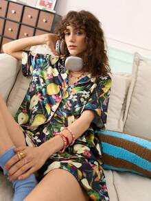 Fruit Pattern Cardigan Pajama Set For Women - Multicolor - View 1