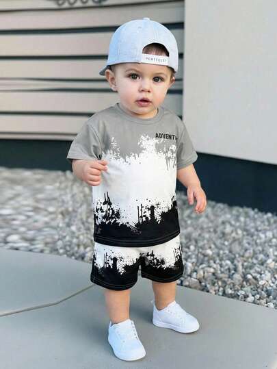 SHEIN Baby Boy Casual Minimalist Tie-Dye Tie Dye Vacation & Sports Style All-Match Versatile Loose Comfortable T-Shirt Set, Suitable For Summer