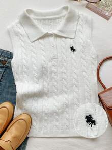 SHEIN EZwear Summer Tops  Women's Casual Sleeveless Knit Polo Shirt With Knight Pattern - White - View 6