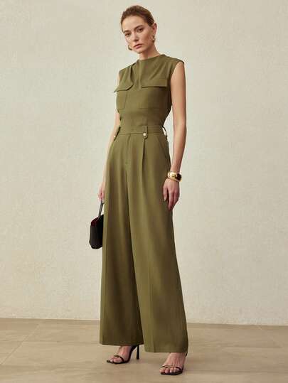 MOTF PREMIUM Pantalones de traje de lino de estilo vintage con decoración de botón de metal, para primavera/verano