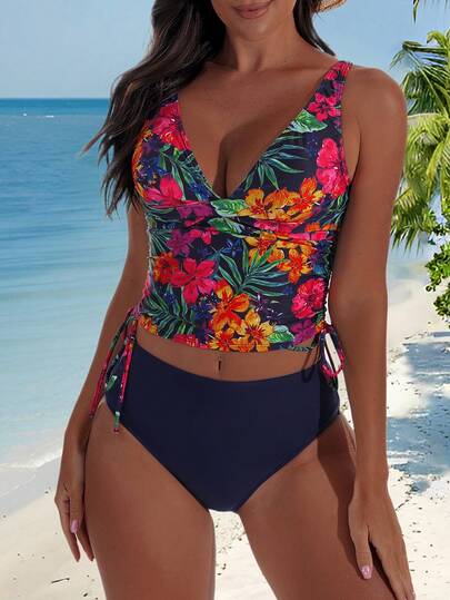 Swim Lushoire Women's Summer Vacation Printed Criss-Cross Side Drawstring Slimming Tankini Top + Matching Solid Color Swim Bottoms
