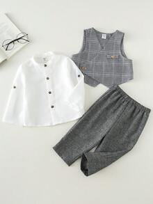 SHEIN 3件套幼儿男童时尚休闲绅士套装，白色长袖衬衫、格子背心和裤子，适合婴儿派对、优雅婚礼宾客、花童、戒指童等场合。 - 灰色 - 查看 4