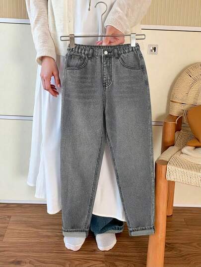 Mirajuku Tween Boys Vintage Washed Jeans, Retro Blue Elastic Casual Straight Slim Fit Skinny Pants, Youth Denim Trousers, Mid-Waist Design, Comfortable Stretchy Fabric, Versatile For Casual, School, Commute, Party & Home Wear Washed Denim