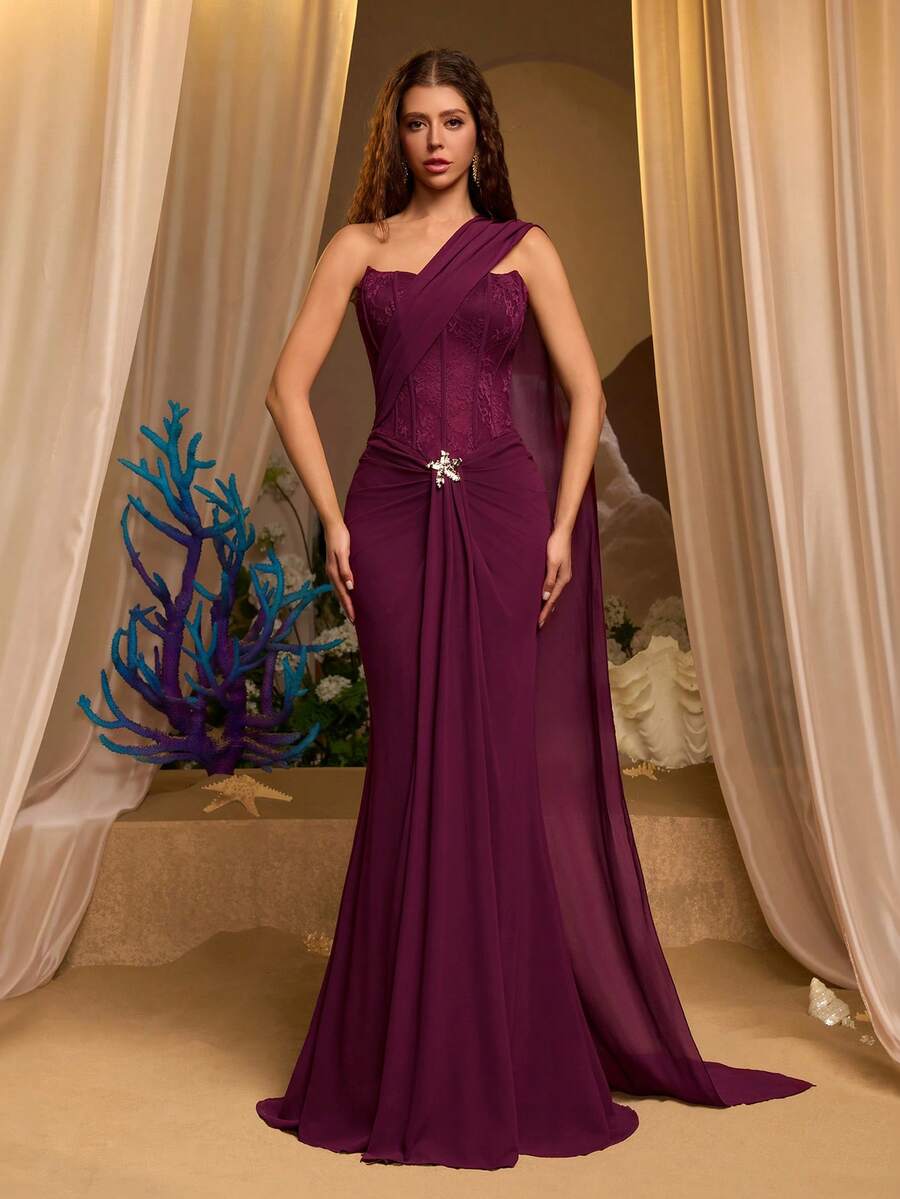 Glamrae Đầm ôm sát cơ thể sang trọng, thanh lịch với thiết kế bất đối xứng vai, thêu kiểu Pháp, cúp ngực đính sequin, eo xếp ly và chân váy xòe, phù hợp cho các lễ hội, đám cưới, dạ hội, hòa nhạc, sự kiện kinh doanh và các dịp dành cho người nổi tiếng trên mạng xã hội. - Màu Đỏ Sâu - Xem 1