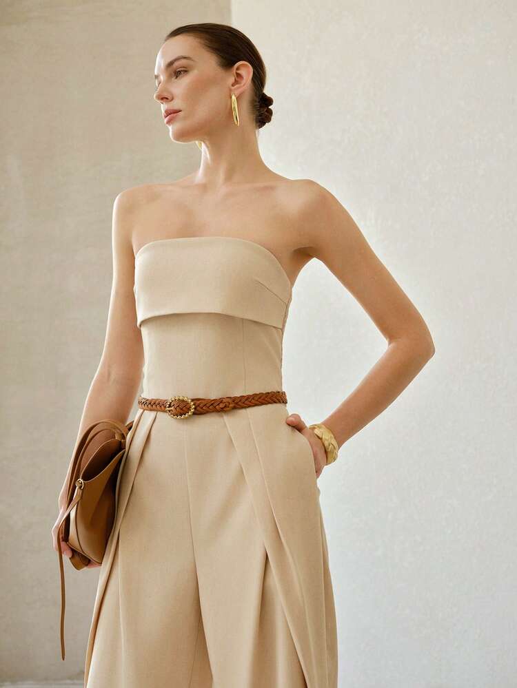 STRAPLESS WRINKLE DECOR LINEN FABRIC SLIM FIT CASUAL JUMPSUIT FOR HOLIDAY