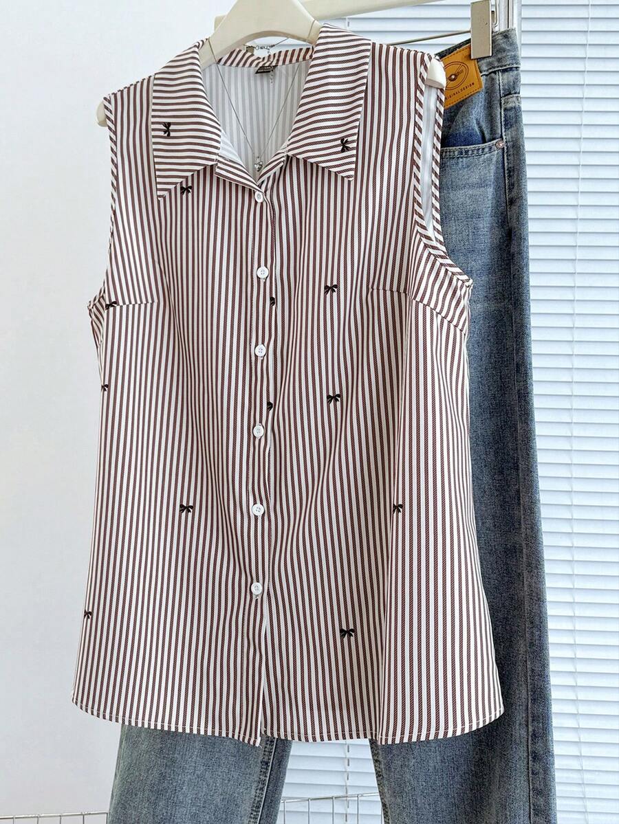 GlowEve CURVE 大码女式休闲通勤优雅法式蝴蝶条纹印花衬衫，春夏款 - 棕色 - 查看 1