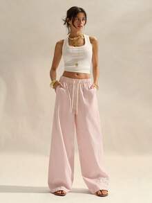 Easelle Quần ống đứng kẻ sọc dáng casual đa năng dành cho nữ, có dây rút ở eo và túi, thích hợp mặc hàng ngày. - Hồng - Xem 3