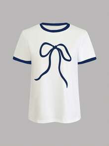 Jouncy Bộ đồ hai mảnh mùa hè dành cho nữ, quần short kẻ sọc trắng xanh, áo thun nữ dáng rộng, bộ đồ cơ bản bán chạy nhất, họa tiết nơ. - Nhiều màu - Xem 4