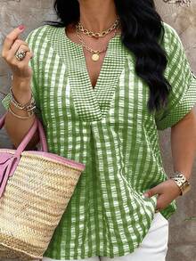 SHEIN LUNE Plus Size Women's Spring/Summer Casual Plaid Patchwork Shirt - Green - View 5